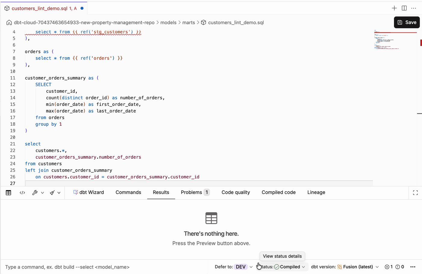 Use SQLFluff to lint/format your SQL code, and view code errors in the Code Quality tab. Use SQLFluff to lint/format your SQL code, and view code errors in the Code Quality tab.